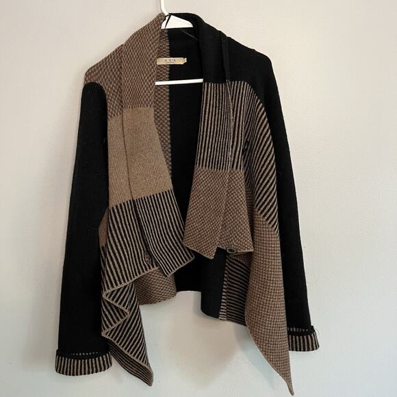 A.IDA Womens Wool Blend Cardigan Sz L Brown Black Colorblock Modernist Fall - Picture 1 of 16